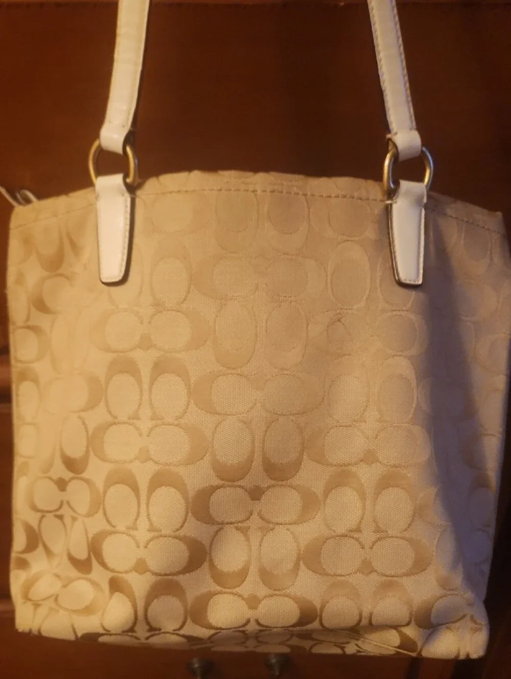 Coach Beige Signature Canvas Tote with White Trim